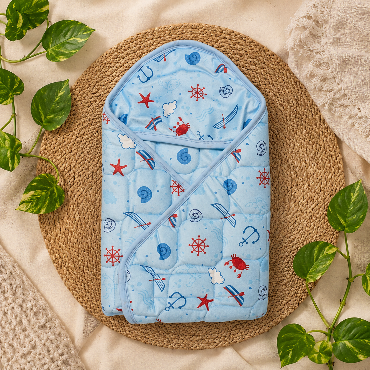 Premium Baby Hooded Wrapper Velour Material with Free Dry Sheet -Blue Sea Code:NBE